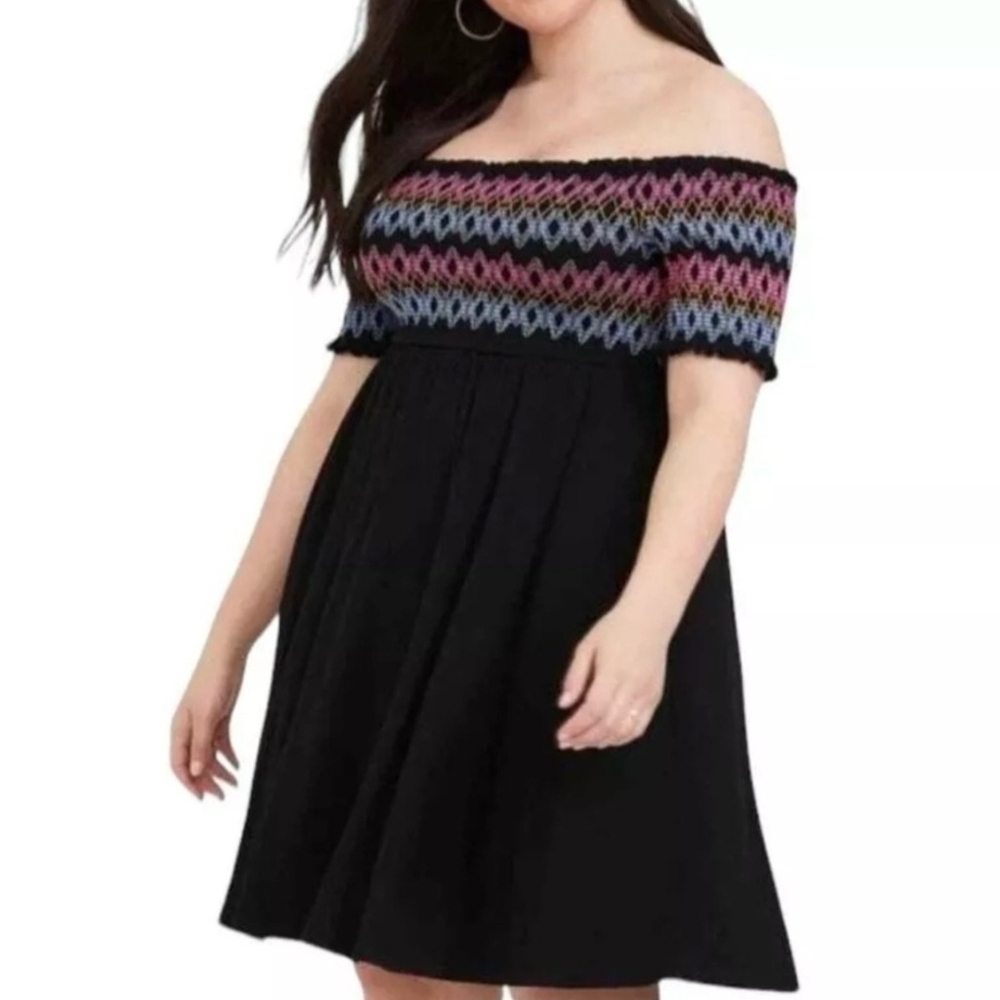 Black Embroidered Off Shoulder Skater Mini Dress image 2
